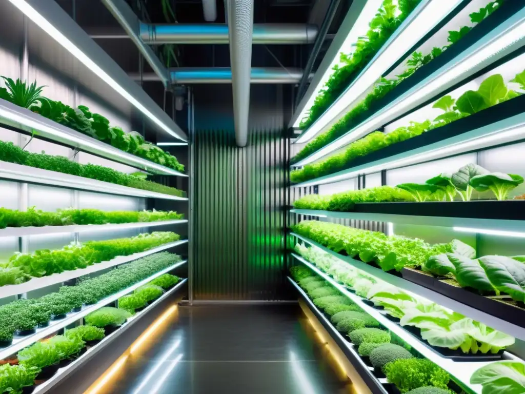 Un jardín vertical moderno y vibrante con vegetales y hierbas iluminados por luces LED