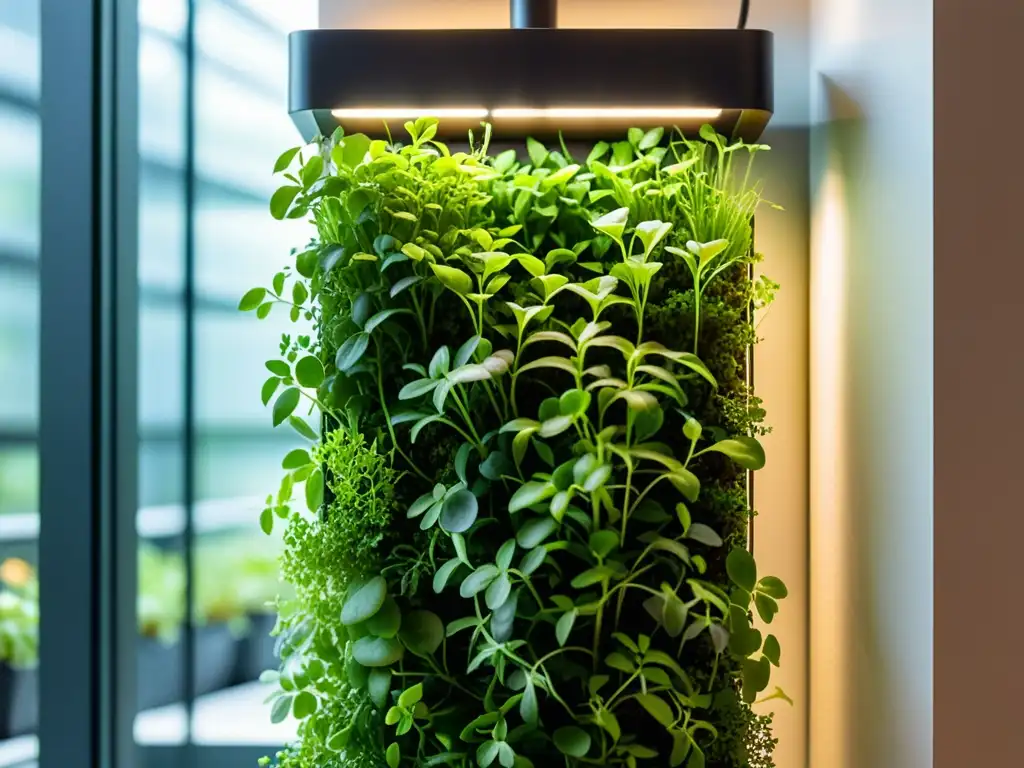 Un jardín vertical moderno con microgreens vibrantes, reflejando sofisticación urbana y sostenibilidad