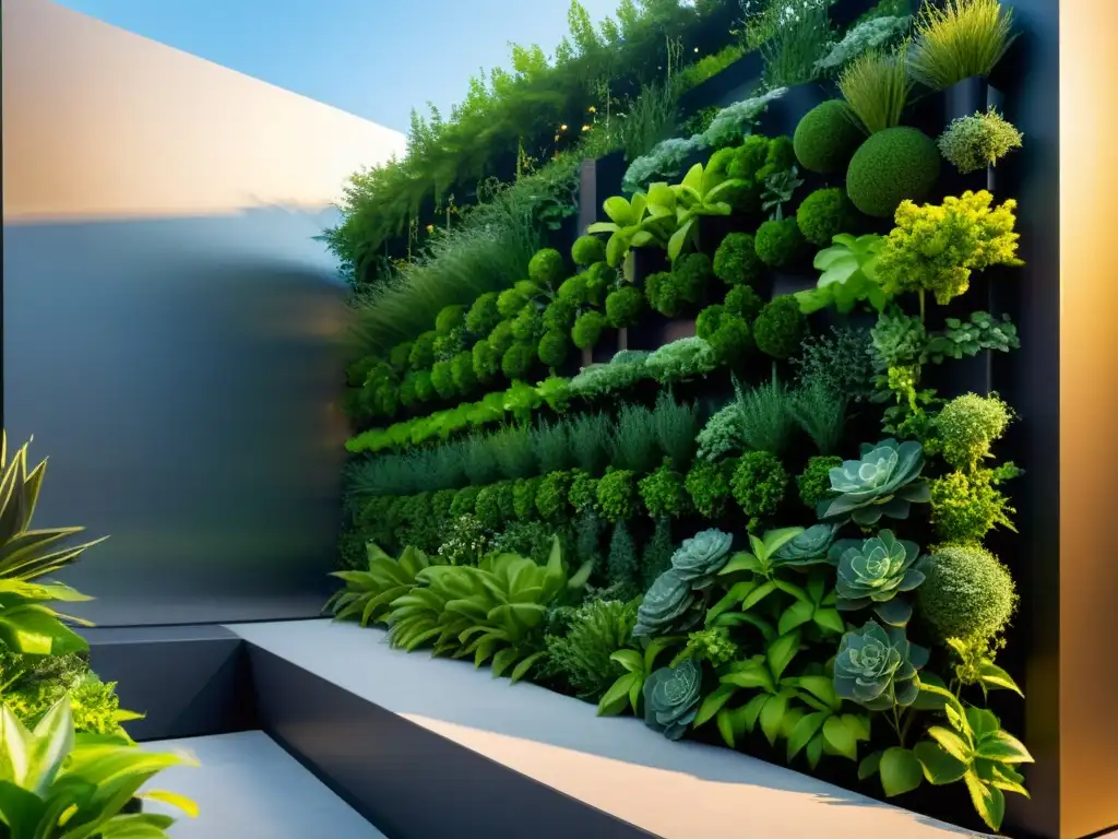 Un jardín vertical modular en la ciudad con huertos verticales modulares escalables, plantas verdes vibrantes y luz solar cálida