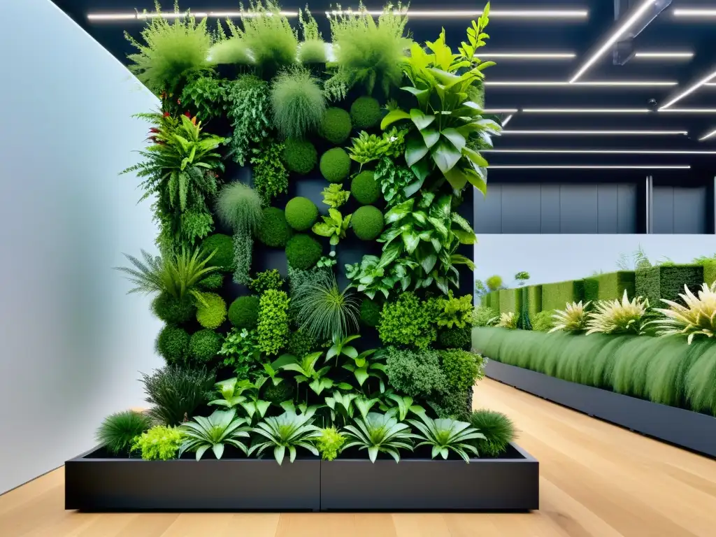 Un jardín vertical modular impresionante en un evento bullicioso, con huertos verticales modulares eventos y una atmósfera dinámica