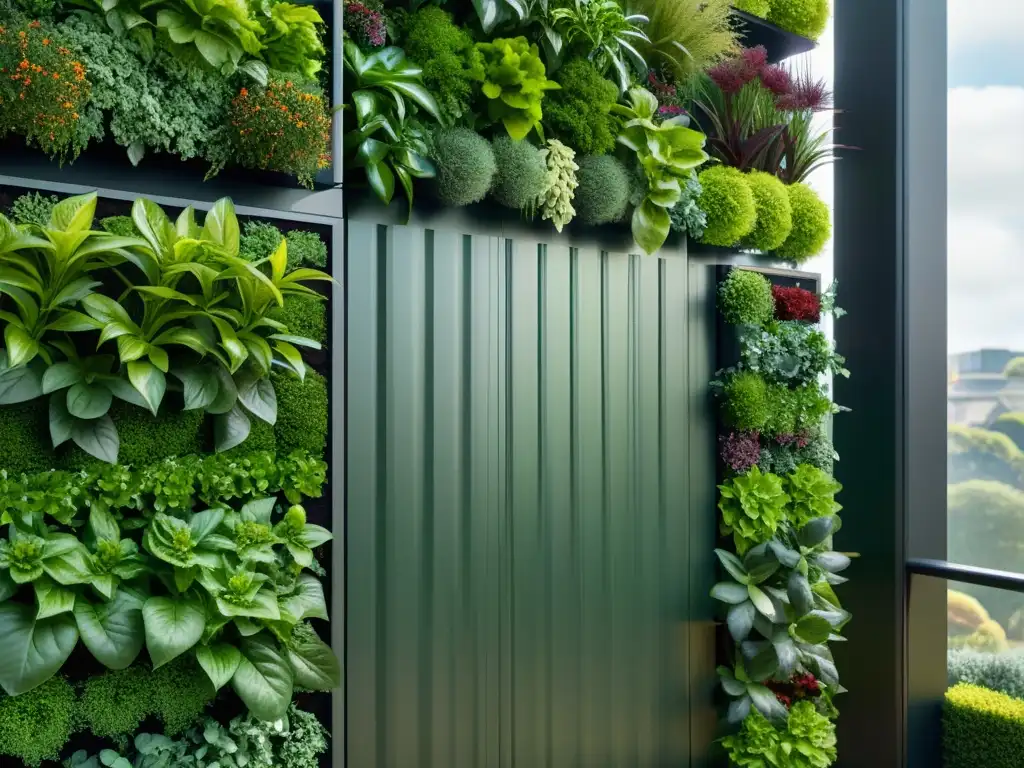 Un jardín vertical modular moderno y elegante bañado por una suave luz natural, muestra la armoniosa combinación de tecnología y naturaleza