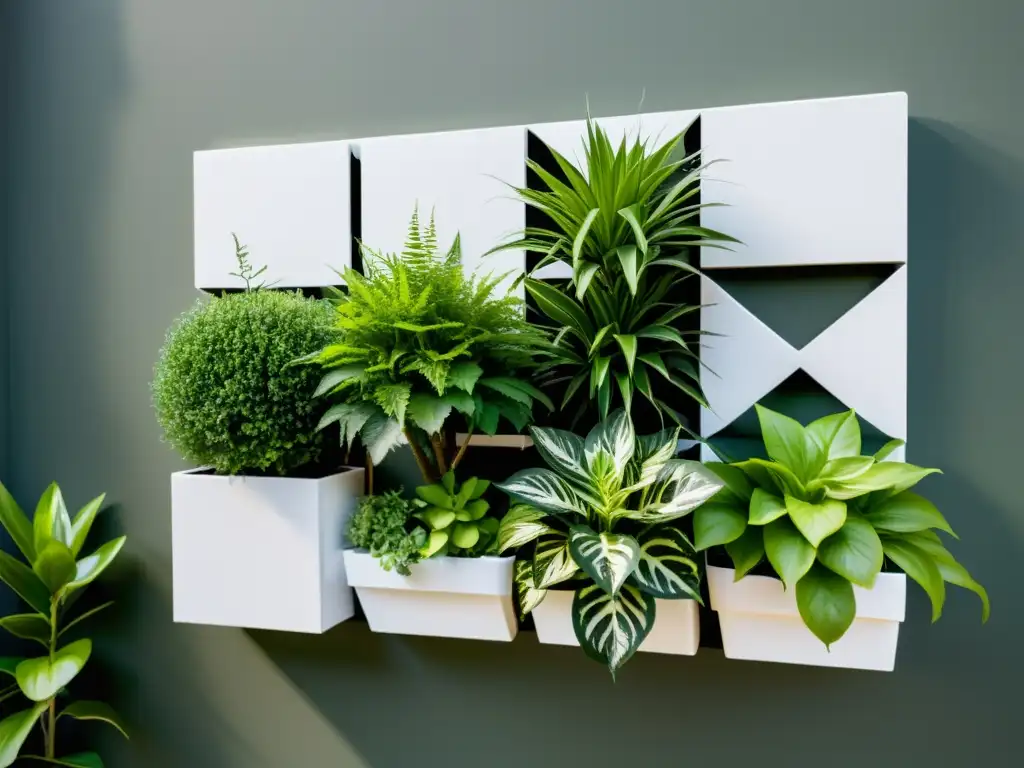 Un jardín vertical modular moderno con elegantes maceteros blancos geométricos dispuestos contra un fondo minimalista