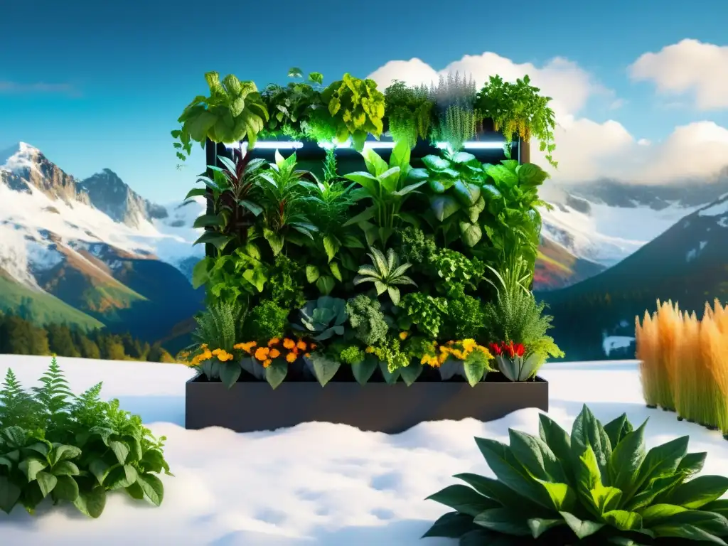 Un jardín vertical modular muestra vegetales en clima frío con montañas nevadas al fondo