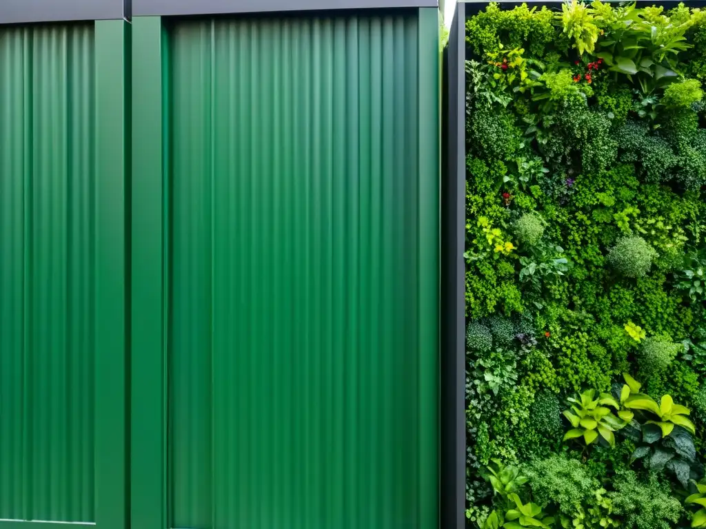 Un jardín vertical modular con plantas exuberantes y vibrantes, mostrando un avanzado sistema de monitoreo para huertos verticales