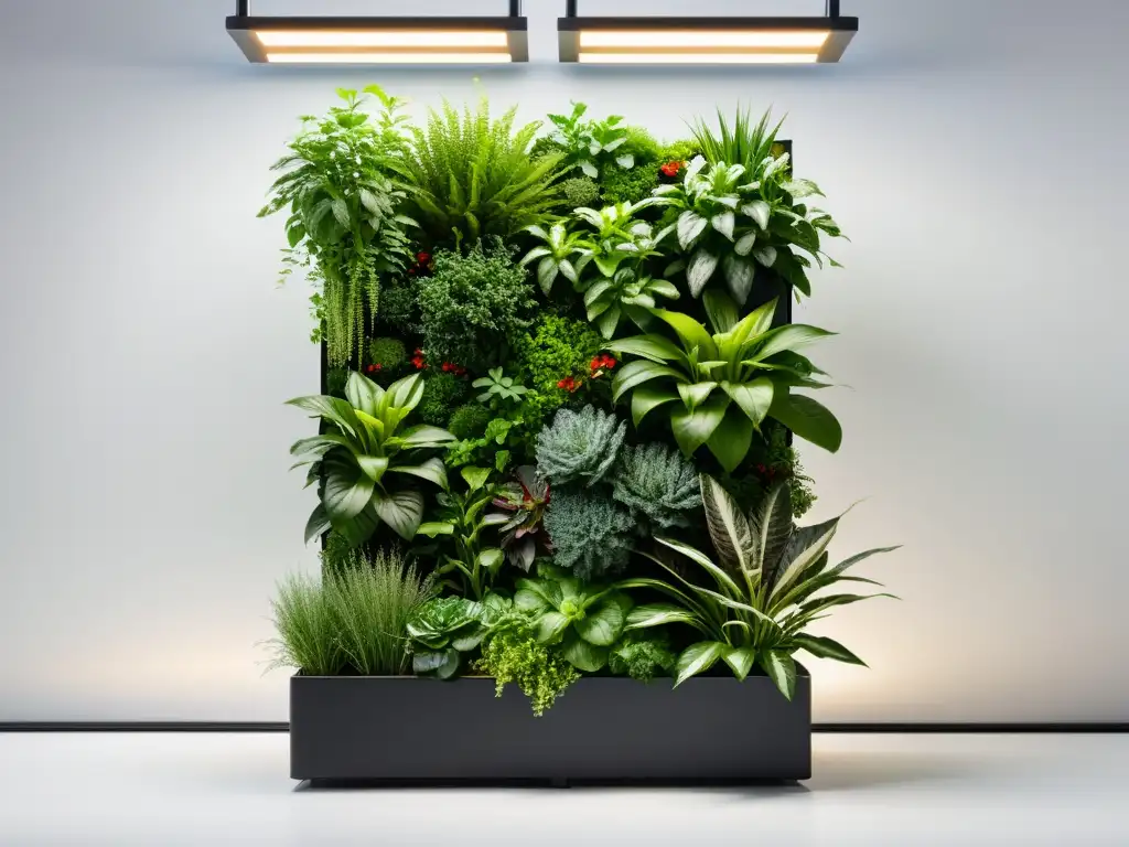 Un jardín vertical modular con plantas vibrantes y variadas, destacando la modernidad y eficiencia del diseño