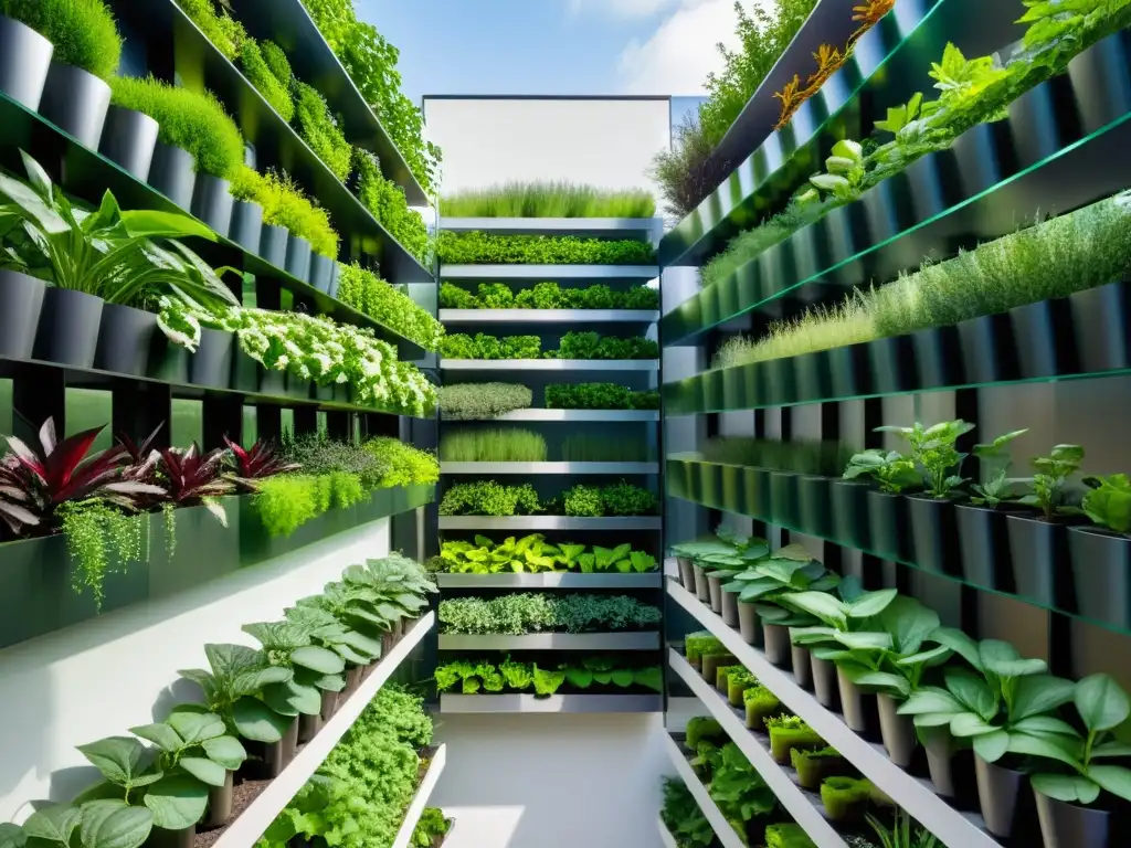 Un jardín vertical orgánico urbano, moderno y vibrante con plantas exuberantes iluminadas por la luz natural, en contraste con el paisaje urbano