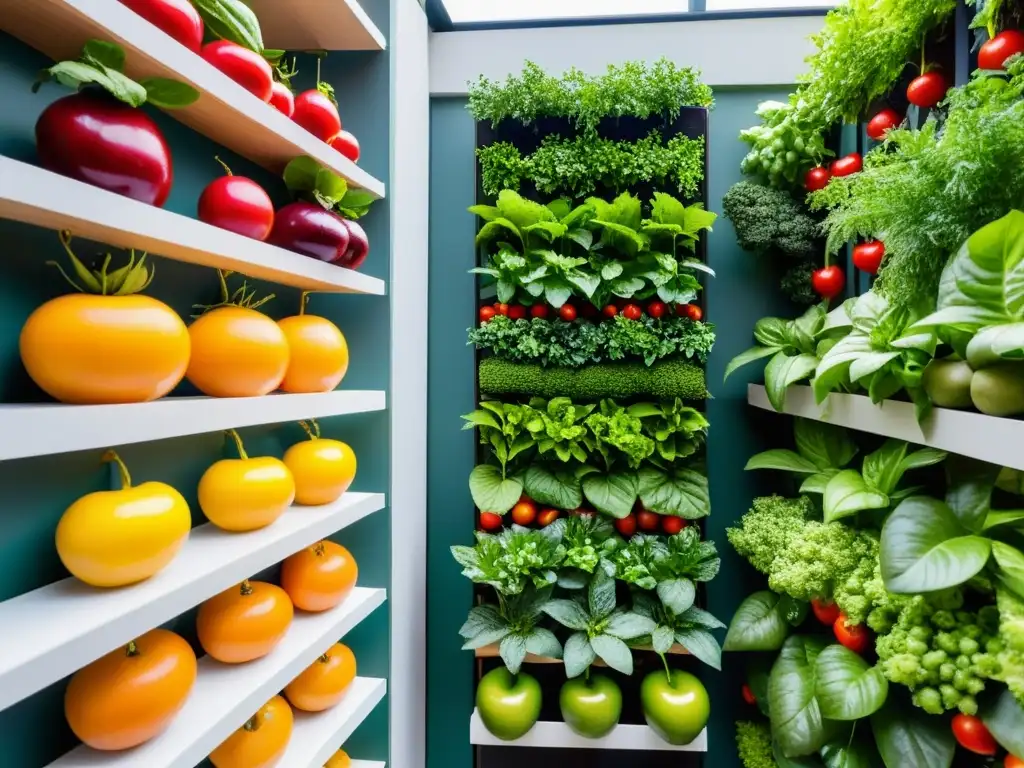 Un jardín vertical bellamente organizado con frutas, verduras y exuberante vegetación, resplandeciendo en una escena contemporánea