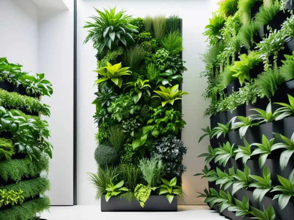 Jardín vertical sostenible en packaging biodegradable Un jardín vertical con packaging ecológico para huertos verticales, fusionando diseño moderno con la naturaleza