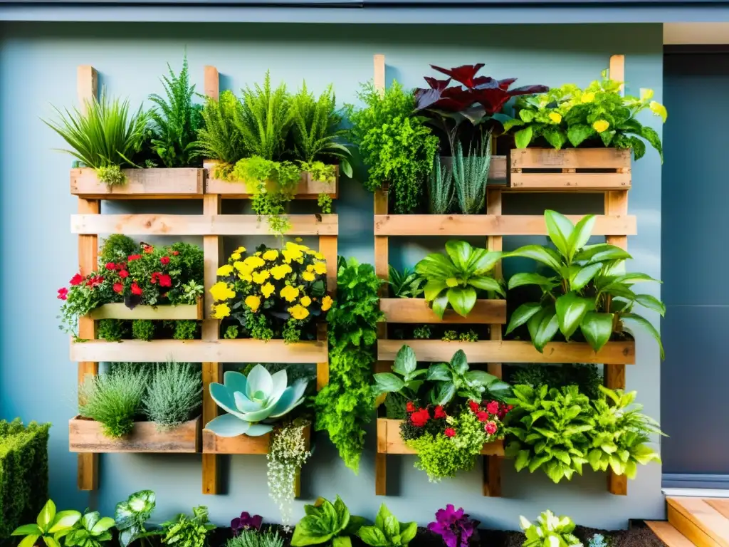 Un jardín vertical con palets, rebosante de plantas verdes y flores coloridas