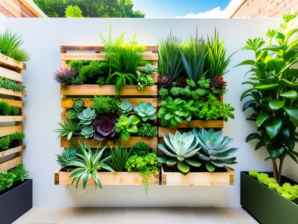 Un jardín vertical con palets reciclados repletos de plantas verdes, bañado por la luz solar