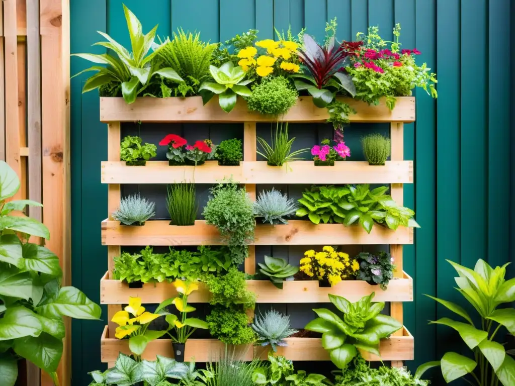 Un jardín vertical con palets, repleto de plantas exuberantes y flores coloridas, bañado por la cálida luz del sol