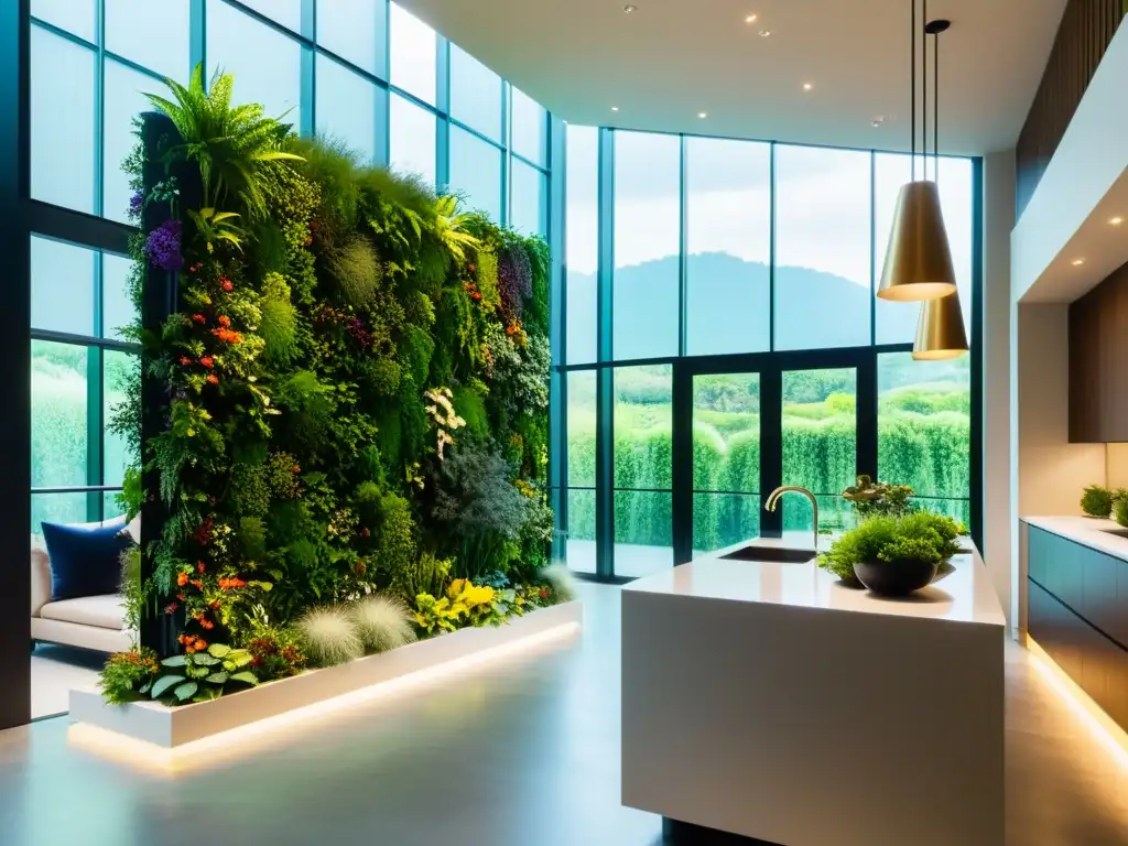 Un jardín vertical interior de diseño paso a paso, con cascadas de vegetación y flores coloridas, iluminado en un espacio moderno y tranquilo