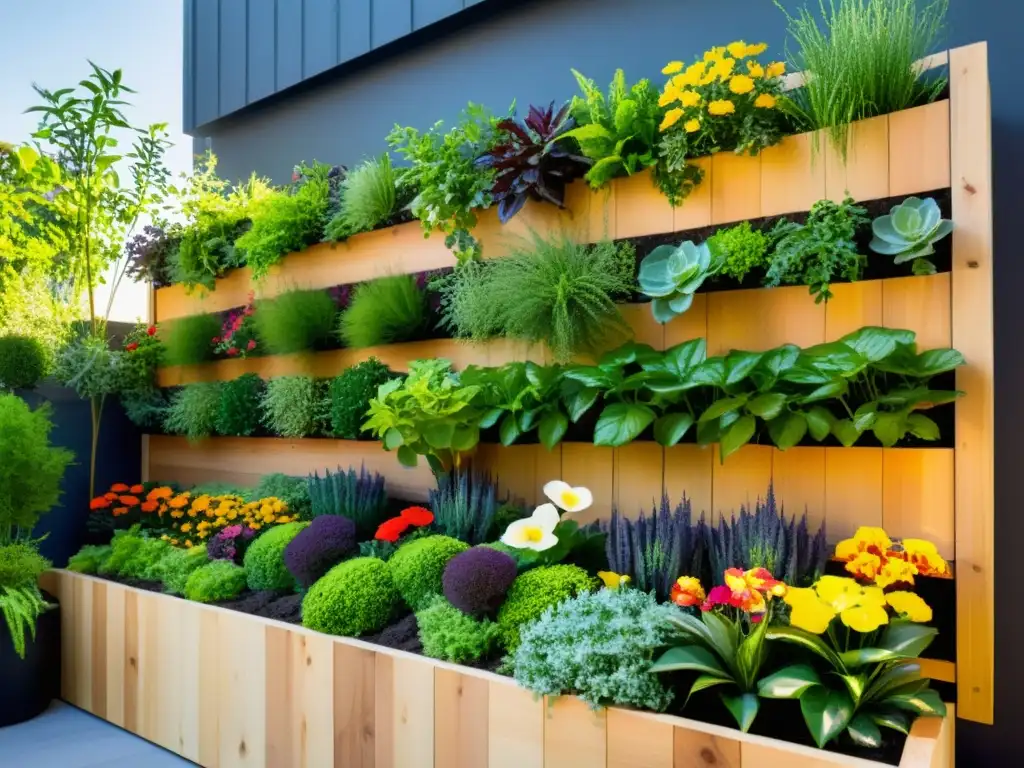 Jardín vertical con plantas exuberantes y flores coloridas, técnicas de apilamiento en permacultura urbana