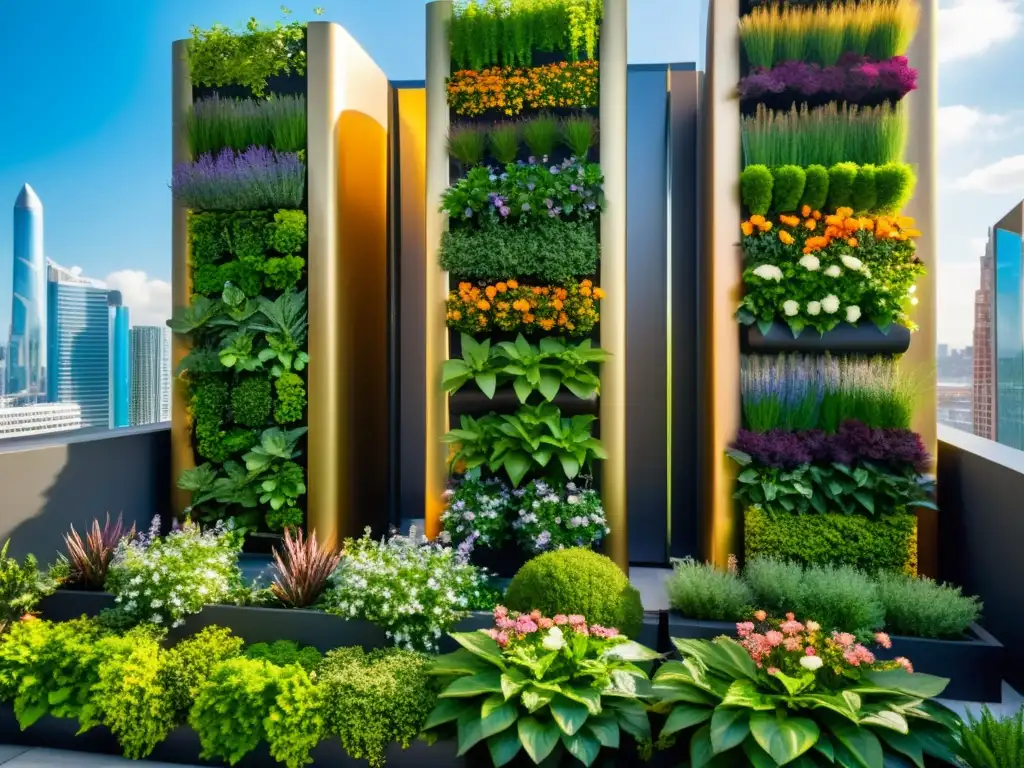 Un jardín vertical con plantas exuberantes y flores coloridas contrasta con el paisaje urbano futurista