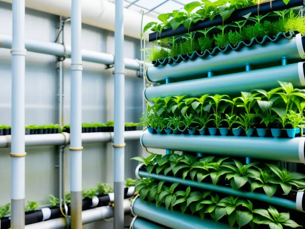 Un jardín acuapónico vertical con plantas exuberantes y peces nadando en agua clara, equilibrar pH sistemas acuaponía huertos verticales