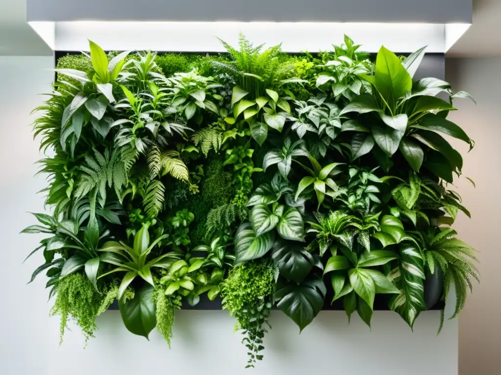 Jardín vertical con plantas ideales para espacios con poca luz, como pothos, helechos y plantas araña, creando un oasis verde y moderno