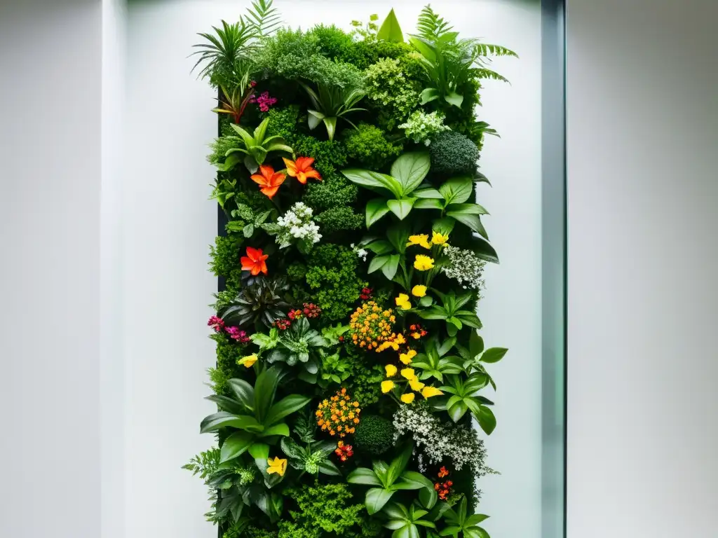 Un jardín vertical próspero y detallado con exuberante vegetación y flores vibrantes, en contraste con el diseño moderno