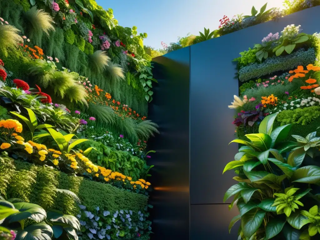 Un jardín vertical próspero y detallado con plantas exuberantes, vida silvestre y métodos orgánicos control de plagas