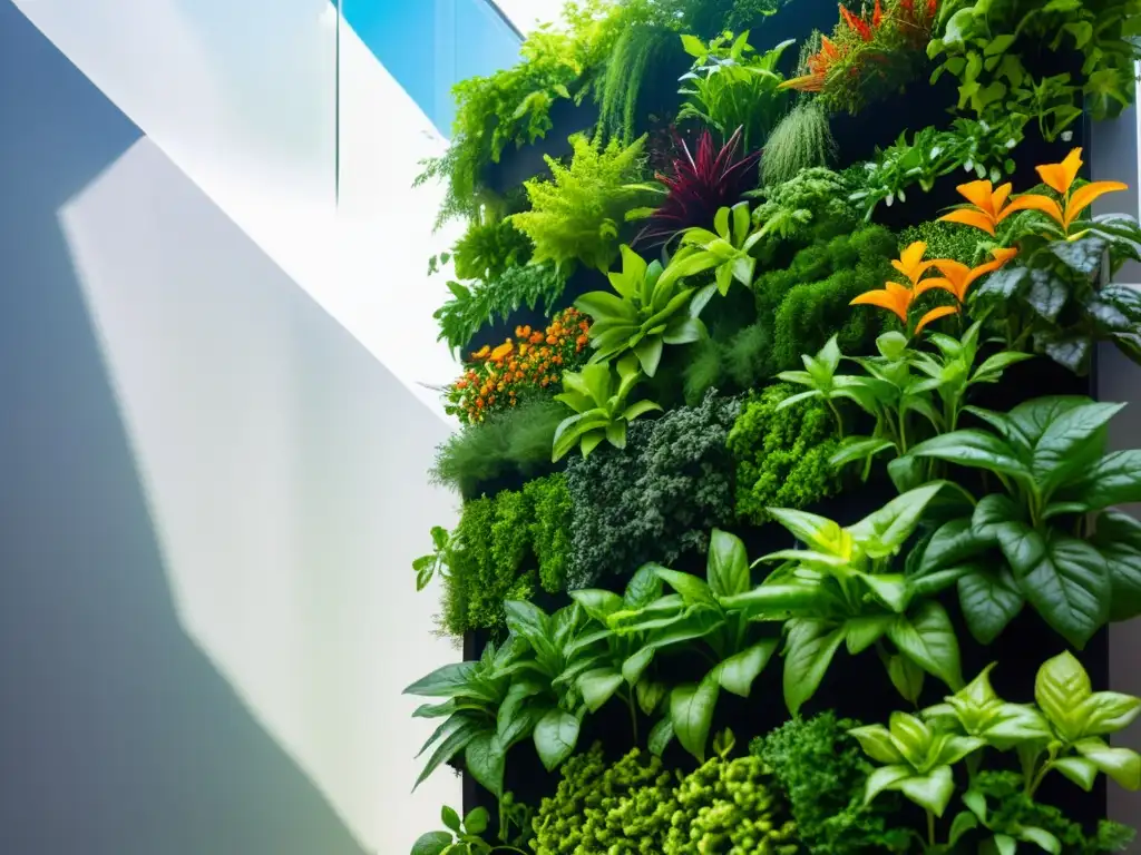 Un jardín vertical próspero en entorno urbano, reflejando seguridad alimentaria en huertos verticales con variedad de plantas y diseño contemporáneo