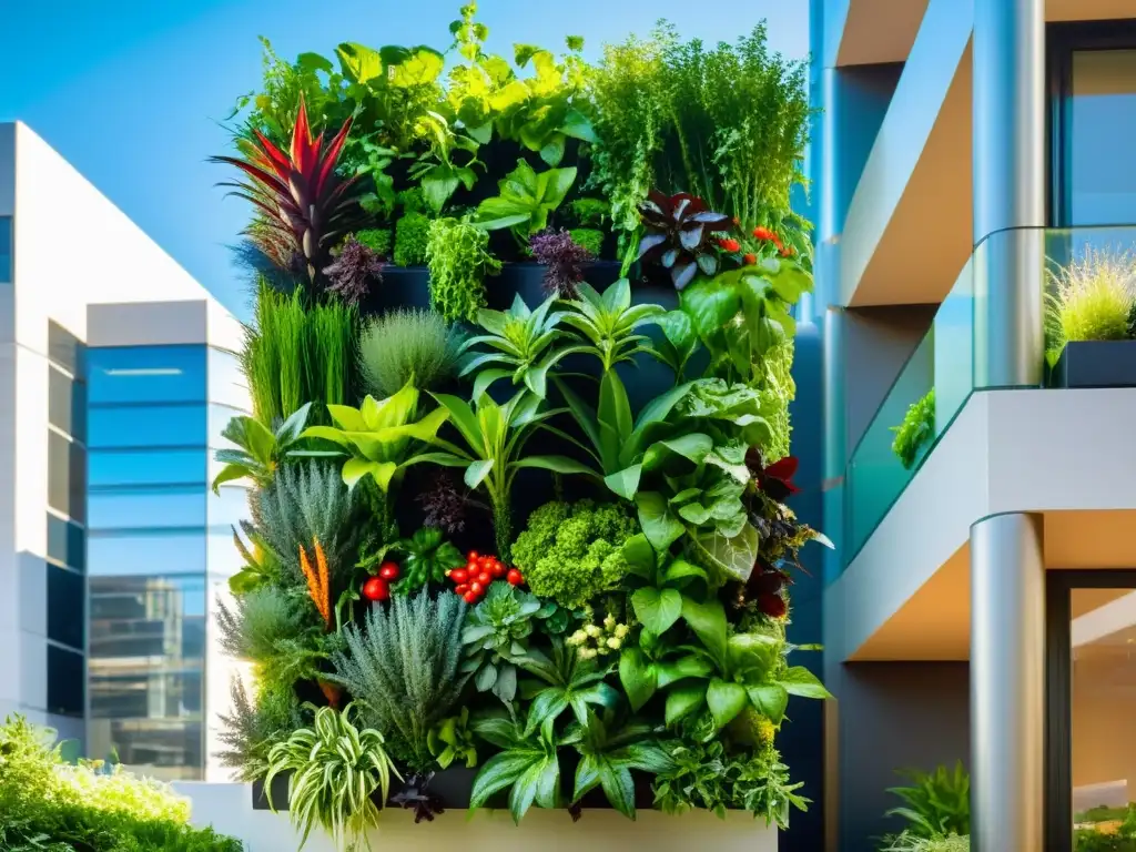 Un jardín vertical próspero y moderno con principios de permacultura en huertos verticales, integrando la naturaleza en espacios urbanos de forma innovadora y vibrante