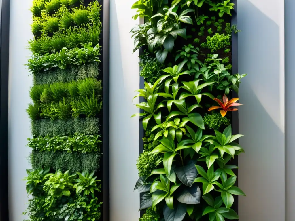 Un jardín vertical próspero con plantas verdes vibrantes y compost en huerto vertical