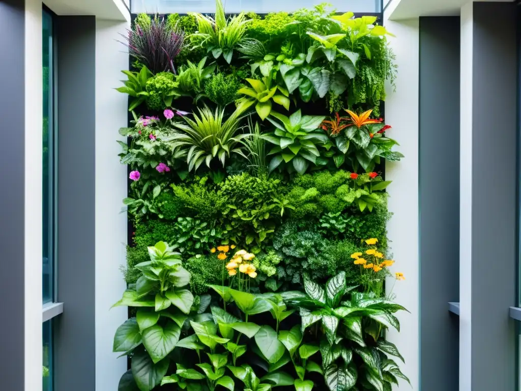 Un jardín vertical próspero con plantas verdes exuberantes, hierbas y flores coloridas, creando un patrón visual impactante que destaca la eficiencia y productividad de la rotación cultivos huertos verticales