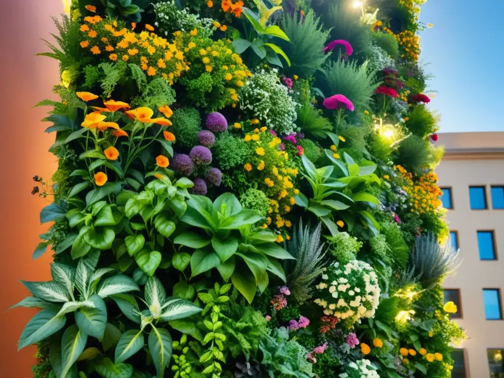 Un jardín vertical próspero y vibrante, bañado por la cálida luz del sol