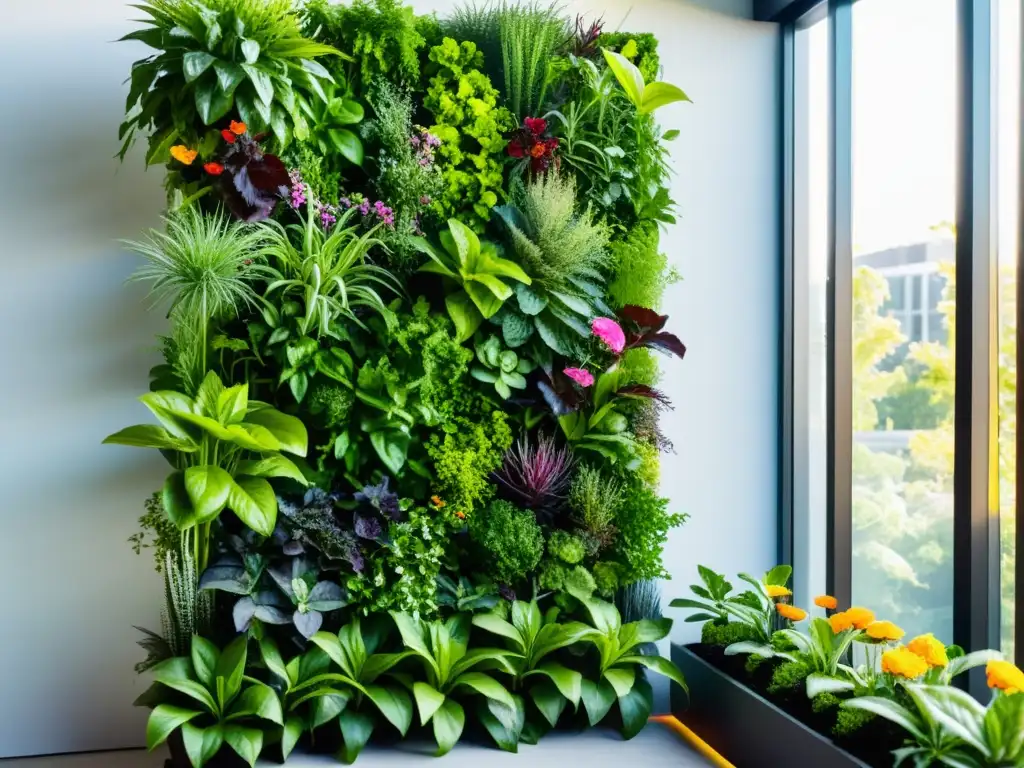 Un jardín vertical próspero y vibrante con hierbas, vegetales y flores, en un diseño urbano y moderno