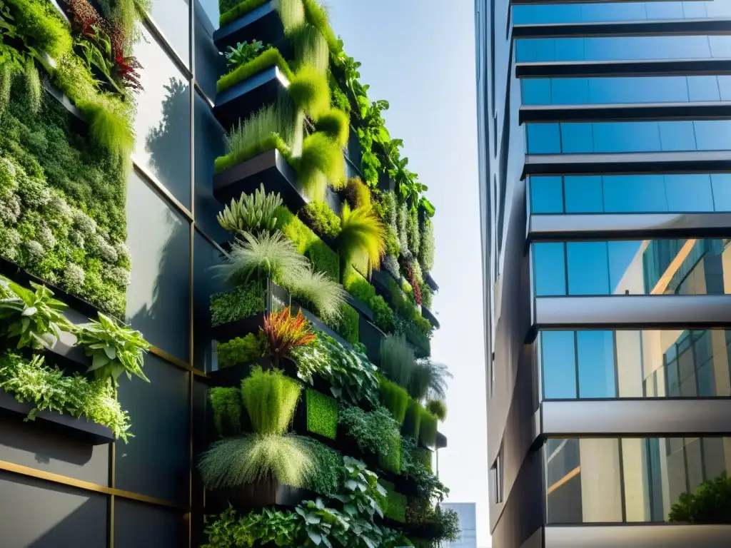 Un jardín vertical en un rascacielos urbano, muestra la belleza del cultivo urbano en huertos verticales