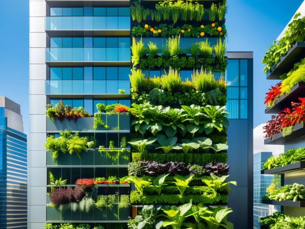 Un jardín vertical rebosante de exuberante verdor y una variedad de frutas y verduras coloridas, trepando por el costado de un moderno rascacielos