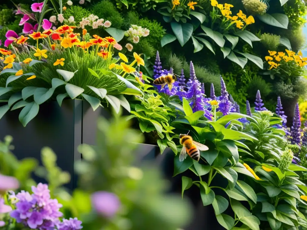 Un jardín vertical rebosante de flores coloridas y vida silvestre, atraer abejas y mariposas urbanas en un oasis urbano armonioso