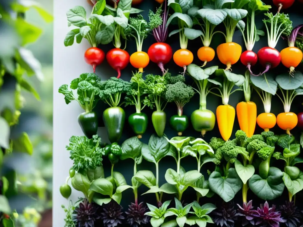 Un jardín vertical rebosante de verduras y hierbas orgánicas recién cosechadas, bañado por la luz del sol