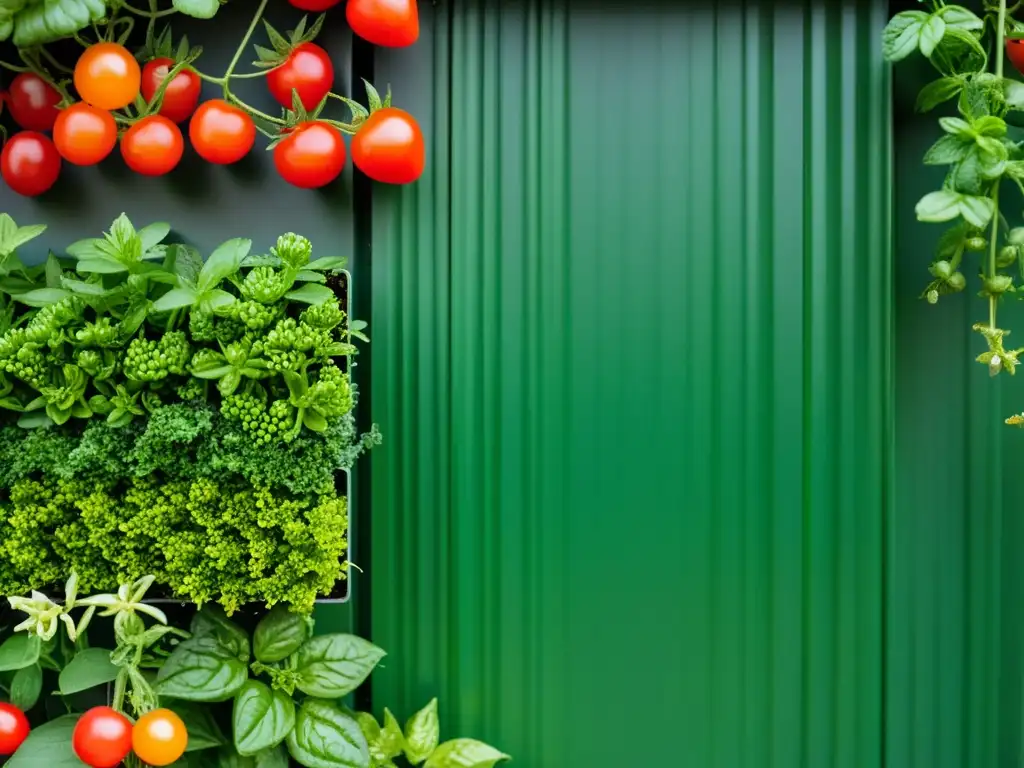 Un jardín vertical rebosante de vida con las mejores plantas para huerto vertical, como tomates cherry, fresas y hierbas, creando una sinfonía de colores y texturas