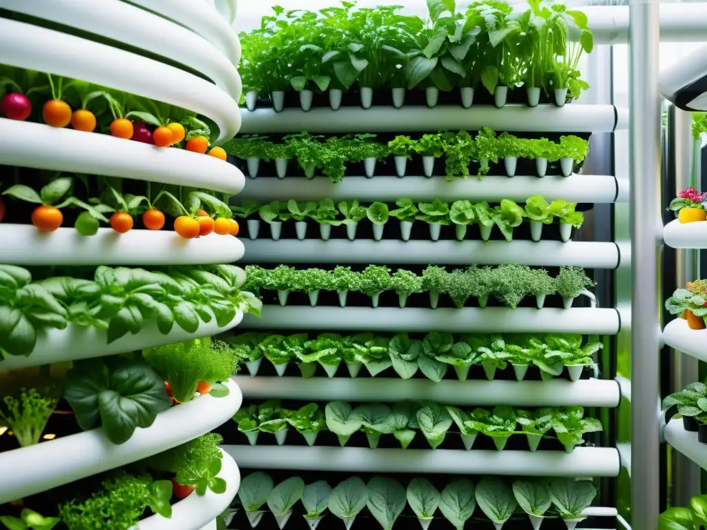 Un jardín hidropónico vertical rebosante de vida, mostrando una variedad de plantas y frutas