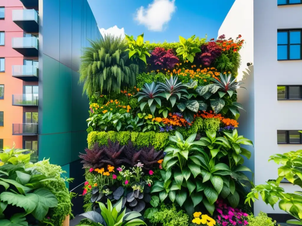 Un jardín vertical repleto de colorido arte urbano y exuberante vegetación, fusionando la naturaleza con la ciudad