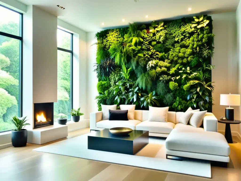 Jardín vertical en decoración interior: Sala moderna con paneles verdes de plantas, minimalismo y sofisticación innovadora