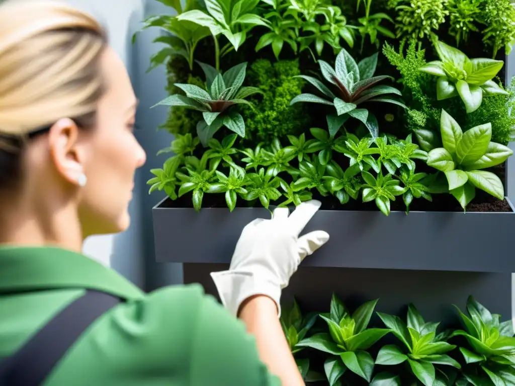 Un jardín vertical saludable y vibrante, cuidado por un experto en Prevención enfermedades huertos verticales