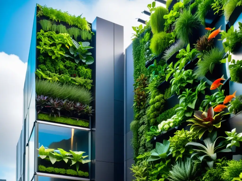 Un jardín vertical y sistema de acuaponía en ciudad, muestra un ecosistema equilibrado en la ciudad con plantas vibrantes y moderno edificio de fondo