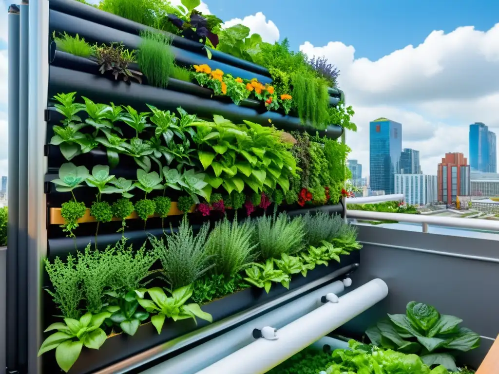 Un jardín vertical y sistema de acuaponía de vanguardia, en contraste con el paisaje urbano