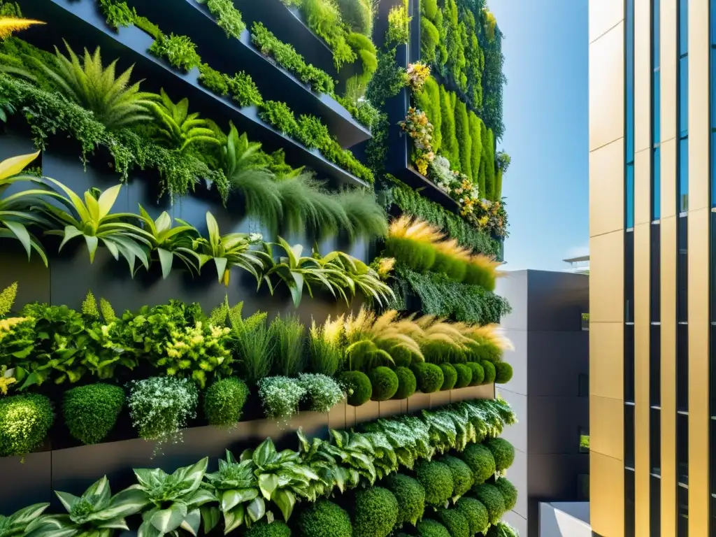 Un jardín vertical sostenible en ciudad, con plantas exuberantes y moderno sistema de riego, bañado por la luz dorada entre edificios altos