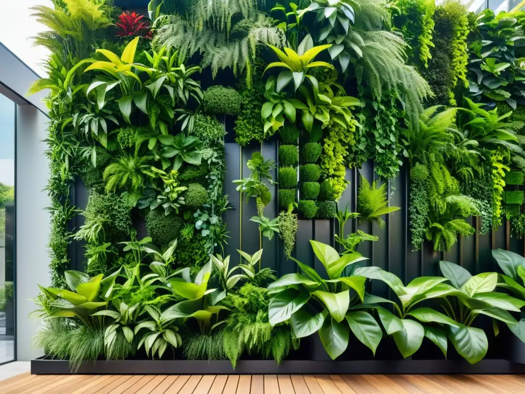 Un jardín vertical sostenible en entorno urbano con exuberante vegetación y diseño innovador