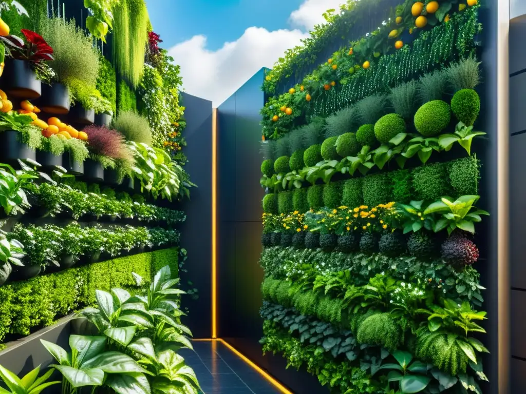 Un jardín vertical sostenible con exuberante vegetación y un sistema de reciclaje de agua, irradiando tranquilidad y armonía