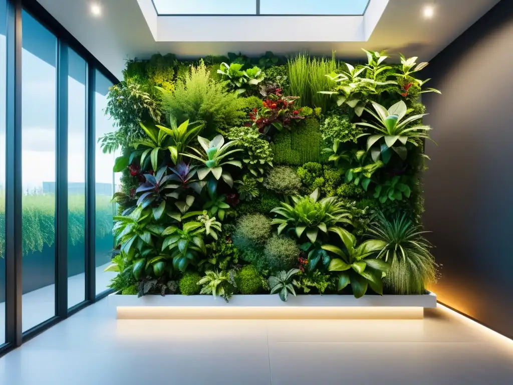 Un jardín vertical sostenible de materiales ecológicos, con plantas vibrantes en disposición eficiente