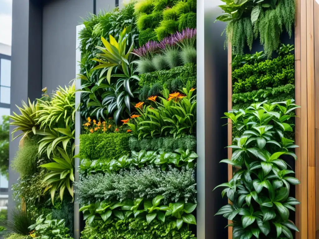 Un jardín vertical sostenible con materiales ecológicos, integrado en el entorno urbano