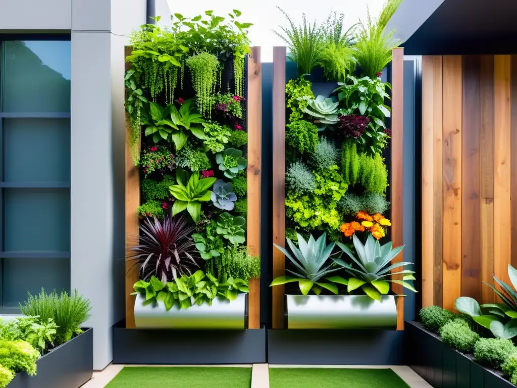 Un jardín vertical sostenible con materiales ecológicos, rebosante de vegetación vibrante y colorida, contrastando con la estructura urbana