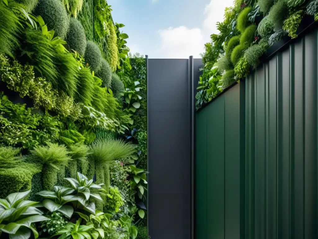 Un jardín vertical sostenible, fusionando naturaleza y arquitectura en un ambiente urbano, con impacto ambiental huertos verticales sostenibles