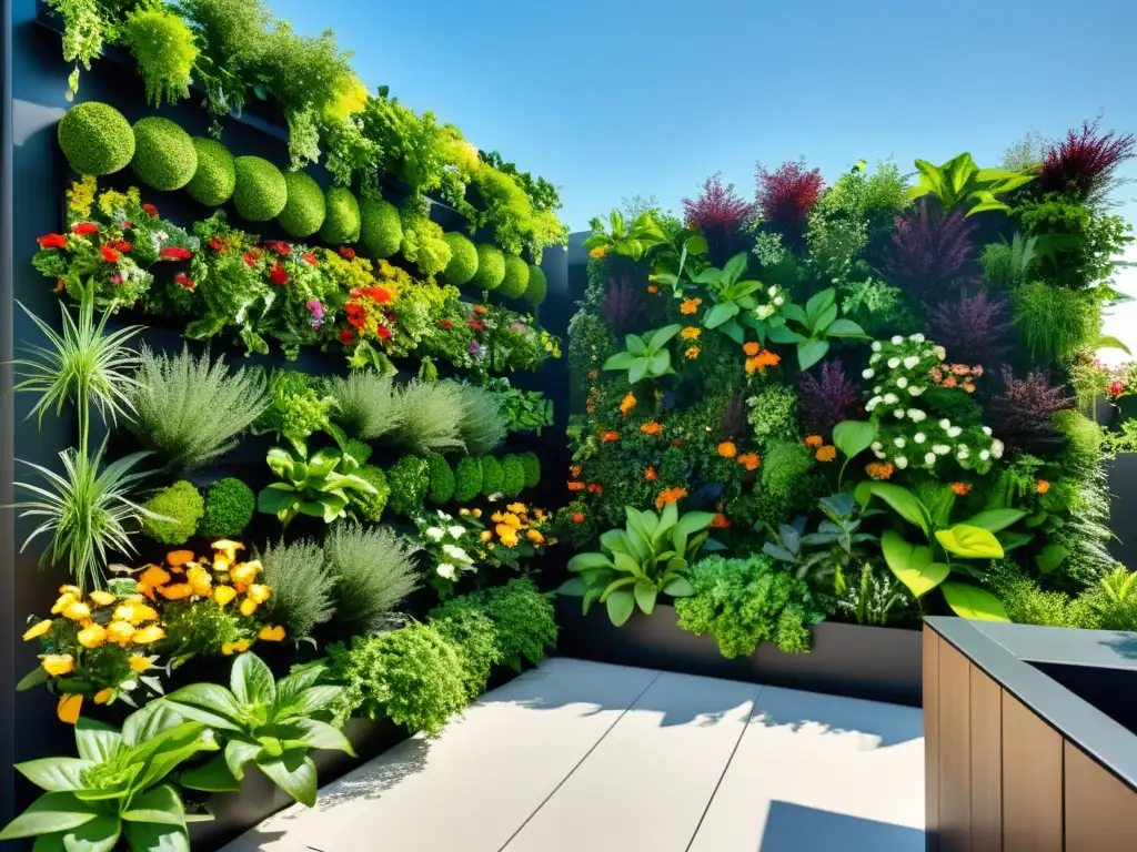 Un jardín vertical sostenible en una terraza, con plantas exuberantes y un diseño visualmente impactante