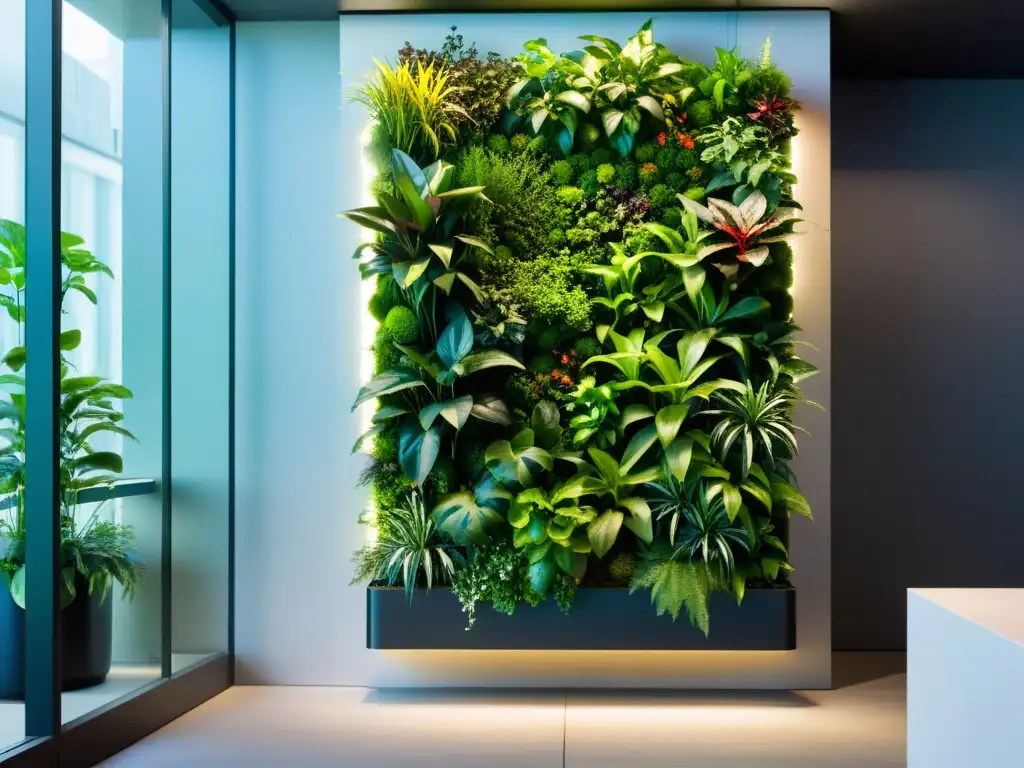 Un jardín vertical de tecnología avanzada con microclima ideal para plantas, exudando sofisticación y tranquilidad