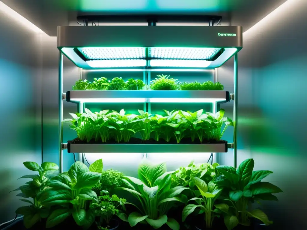 Un jardín hidropónico vertical con tecnología innovadora, exuberantes vegetales y hierbas bajo luces LED brillantes