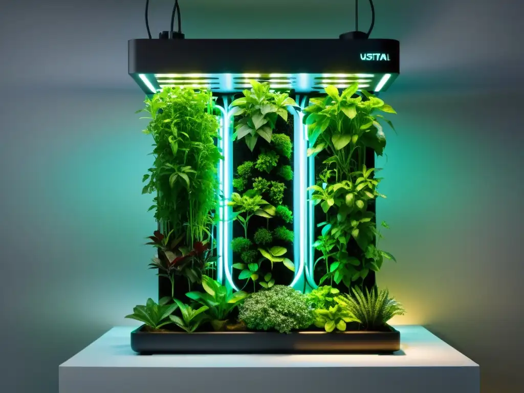 Un jardín hidropónico vertical de tecnología innovadora, con luces LED vibrantes y exuberante vegetación